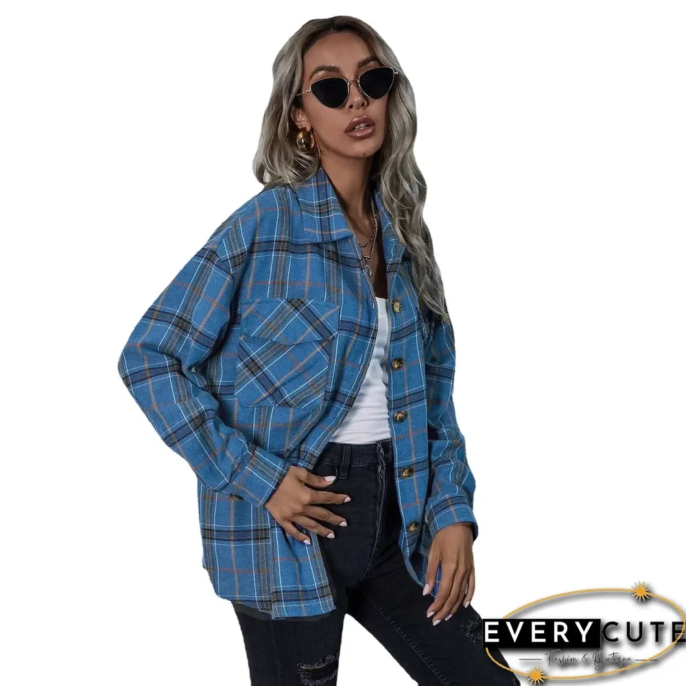 Fashion Plaid Print Button Coat Women