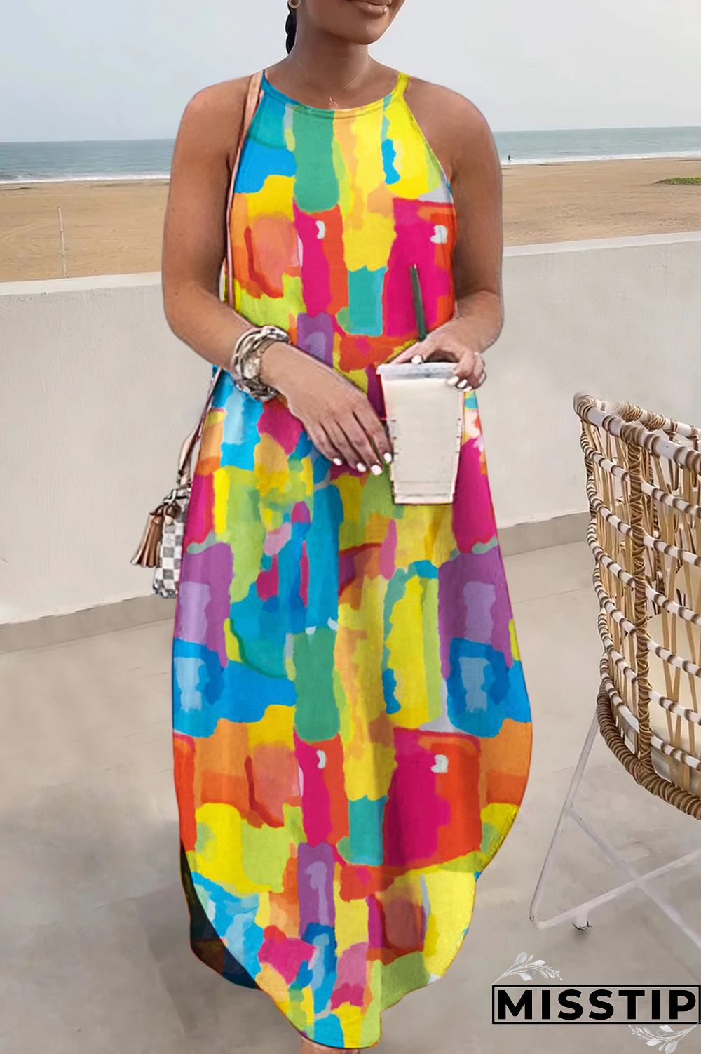 Multi-color Casual Print Basic O Neck Long Dress Dresses