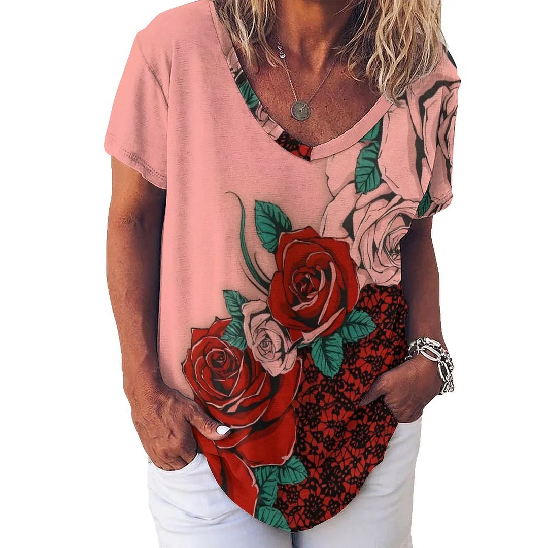 V-neck Short Sleeve Casual T-shirt for  Women Printed with Pattern Floral, Red, Rose, Pink