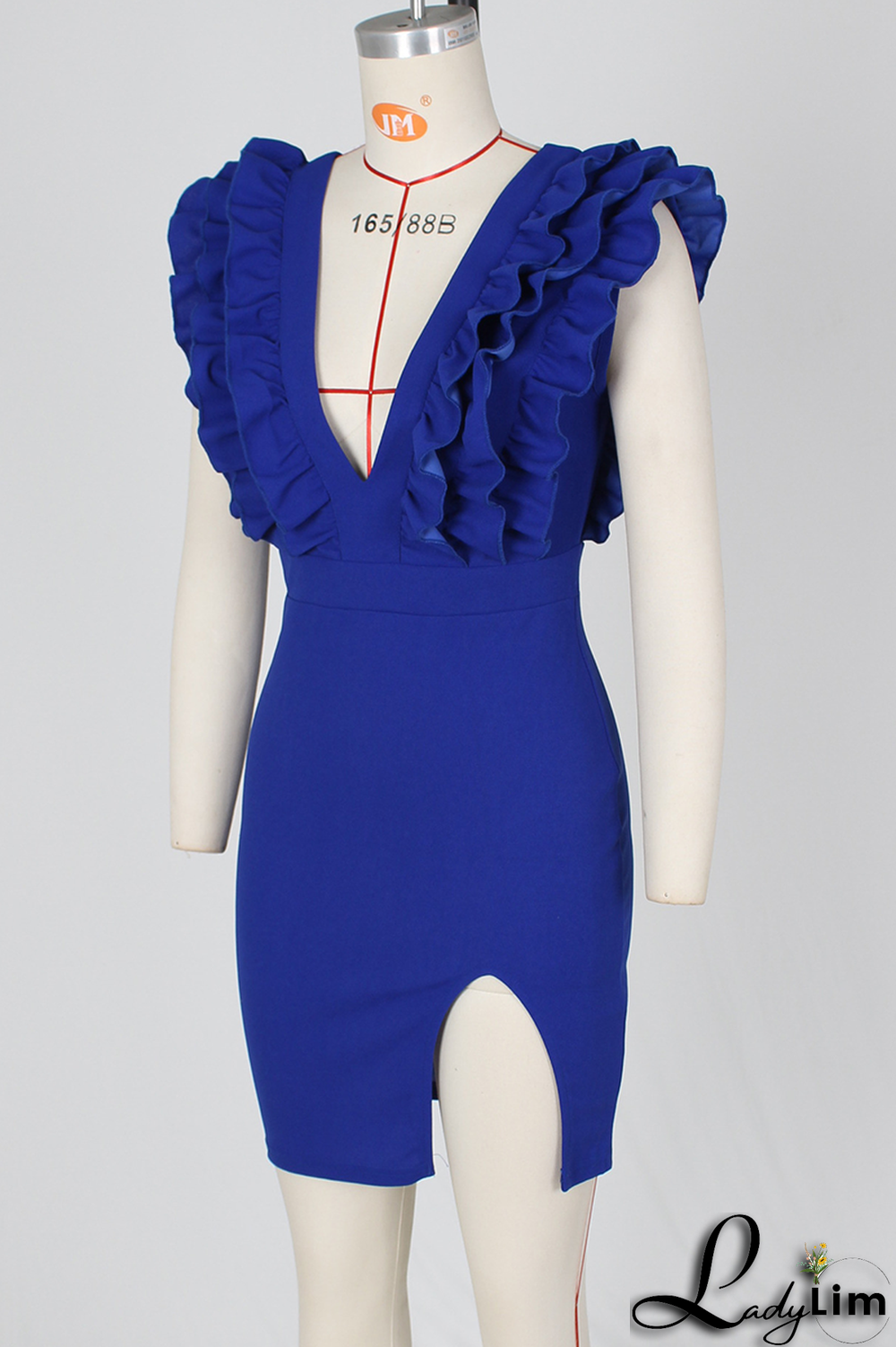 Blue Sexy Solid Stringy Selvedge V Neck Irregular Dress Dresses