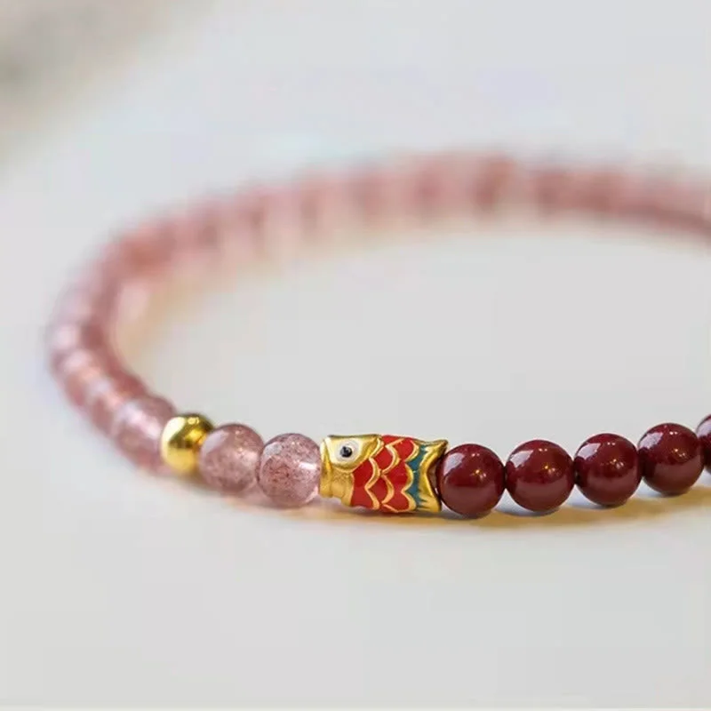 Cinnabar Strawberry Quartz Lucky Koi Fish Healing Bracelet