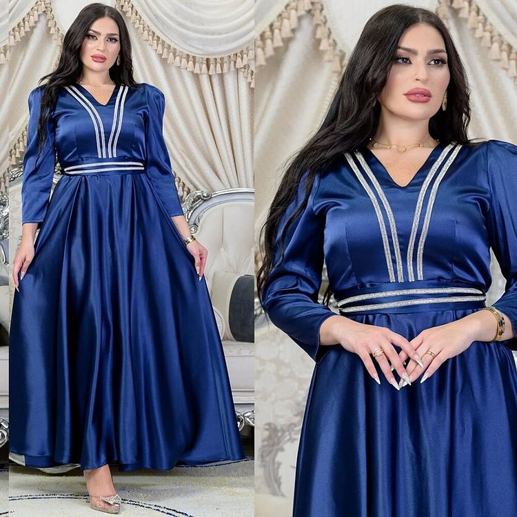 African Americans fashion QFY Abaya Dubai Turkey Muslim Silk Dress Loose Boubou Women Kaftan Long Sleeve Party Gown Islamic Clothing Robe Femme Musulmane Ankara Style QueenFunky