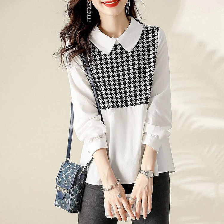 White Paneled Houndstooth Long Sleeve Shirts & Tops QueenFunky