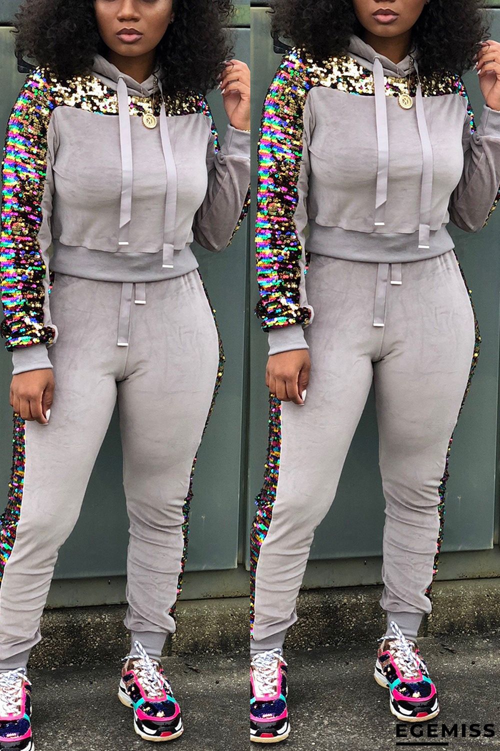 Apricot Women Winter Sequins Long Sleeve Hooded Two Pieces Suit | EGEMISS