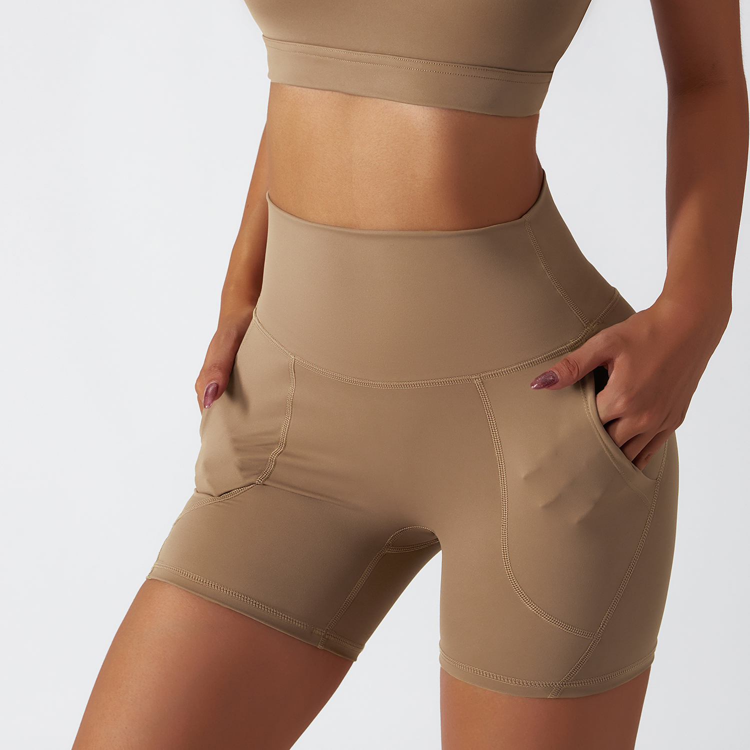 Hergymclothing Camel Brown renewable fabric sustainable no front seam yoga shorts with side pockets online shopping