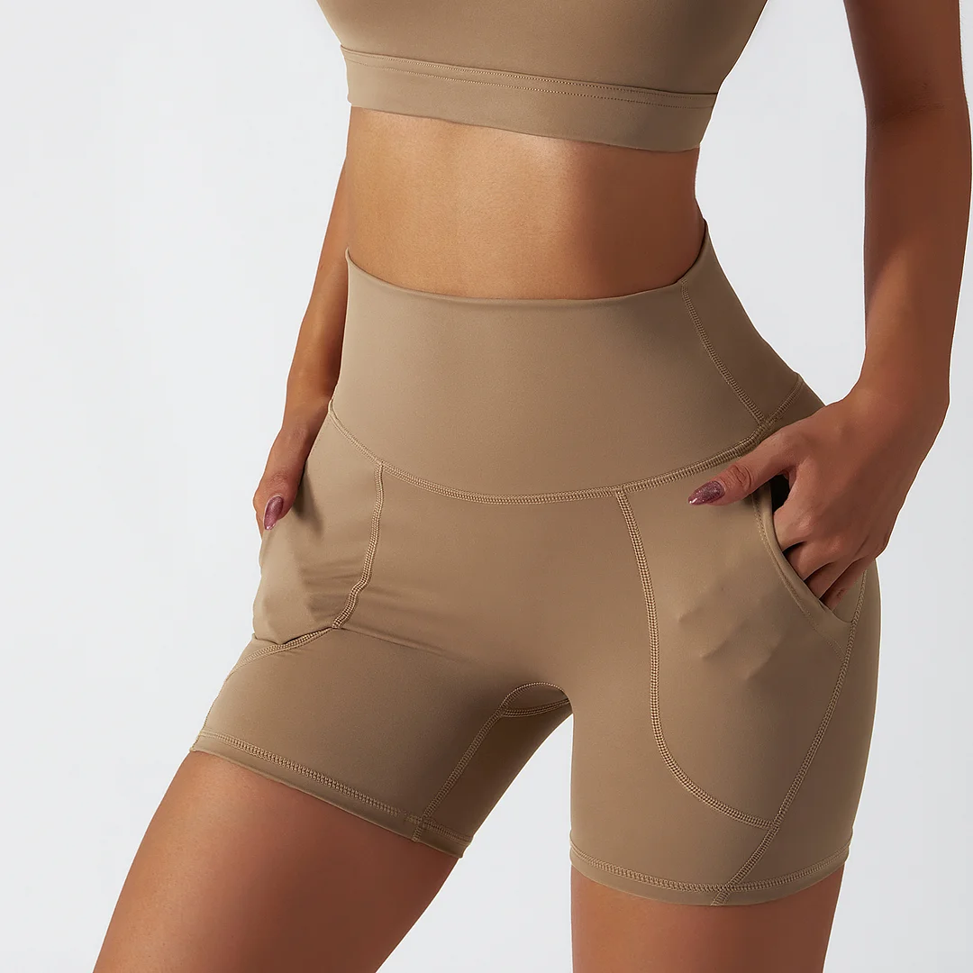 Hergymclothing Camel Brown renewable fabric sustainable no front seam yoga shorts with side pockets online shopping