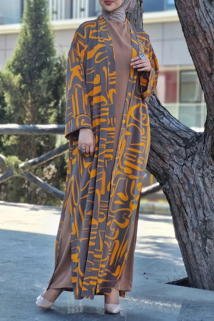 Abstract Print Slit Abaya Round Neck Plain Maxi Dresses 2pcs Set [Pre Order]