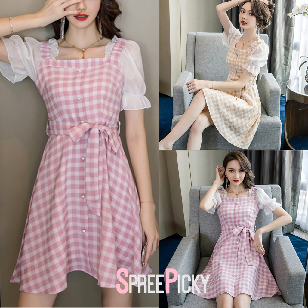 Pink/Yellow Fairy Falbala Grid Dress SP13910