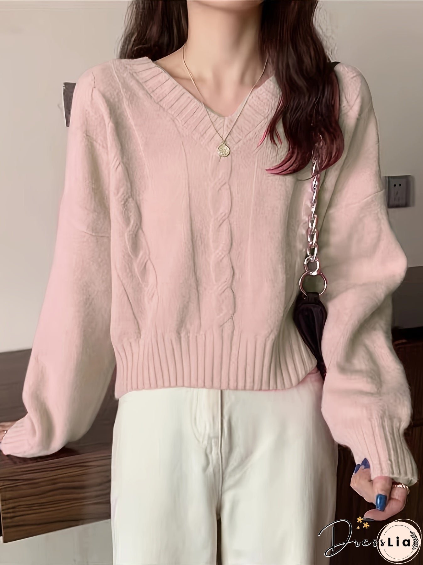 Solid V Neck Cable Knit Sweater, Casual Long Sleeve Pullover Sweater, Women's Clothing