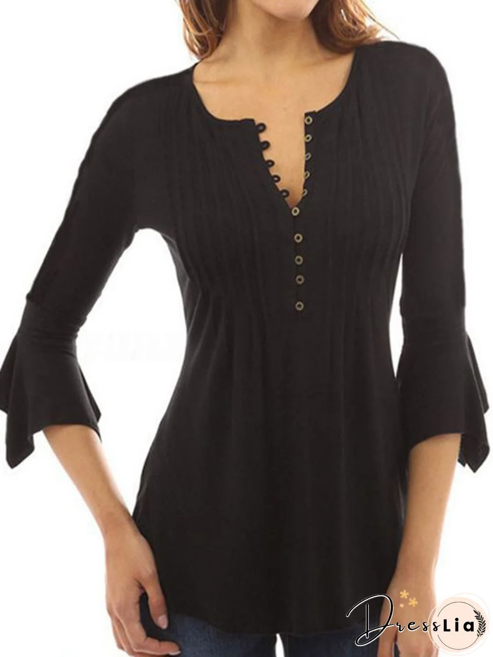 Plus Size Plain Long Sleeve V Neck Casual Tops