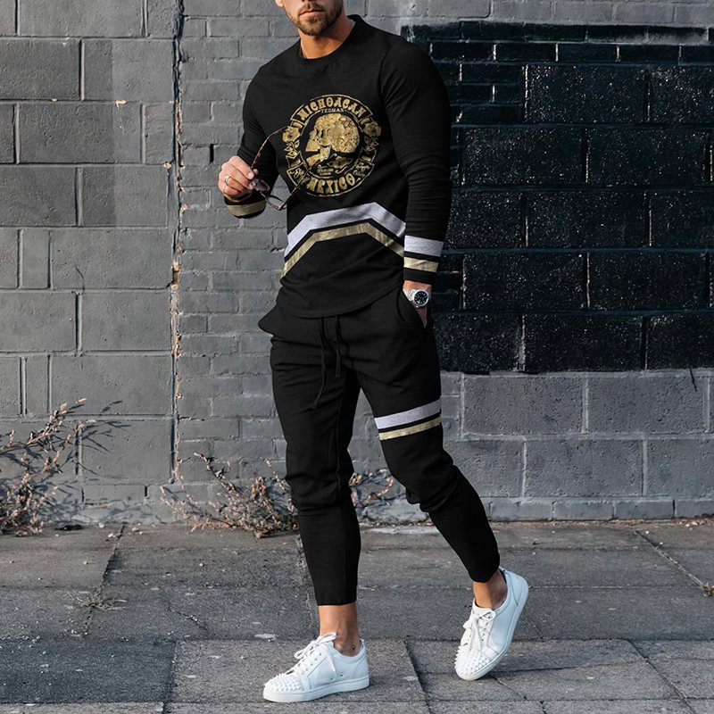 Golden Skull Line Print T-Shirt And Pants Co-Ord