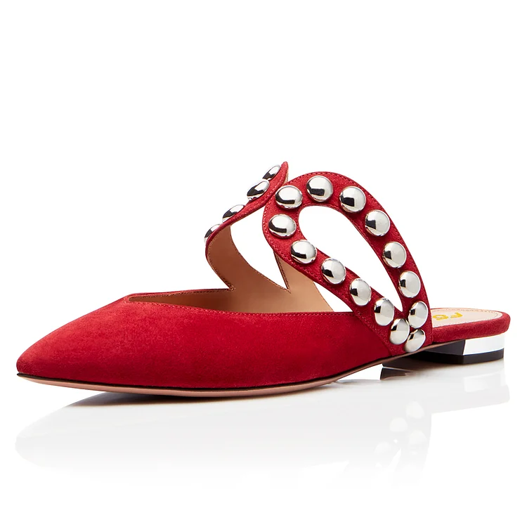 Red Vegan Suede Pointed-Toe Studded Flat Mules |FSJ Shoes