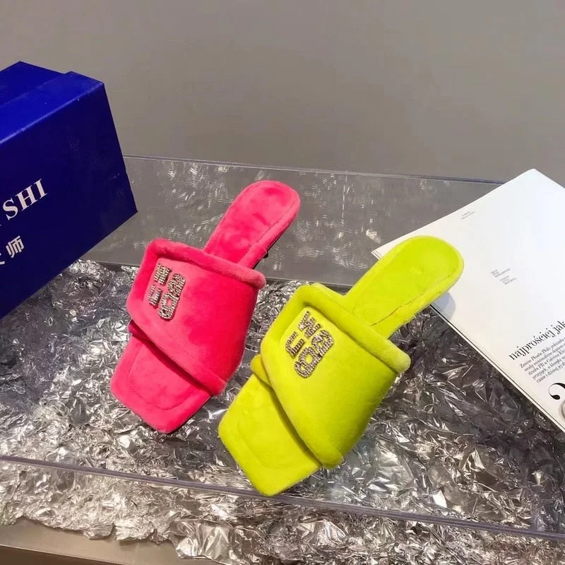 2021 Autumn Women's Cotton Velvet Slippers Ladies Square Toe Stilettos Slippers Female Winter Outwear Suede Candy Colors Sandals