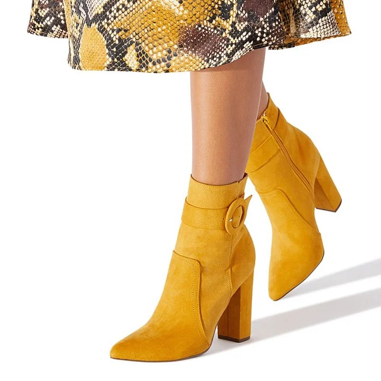 Yellow Vegan Suede Buckle Chunky Heel Boots Ankle Boots |FSJ Shoes