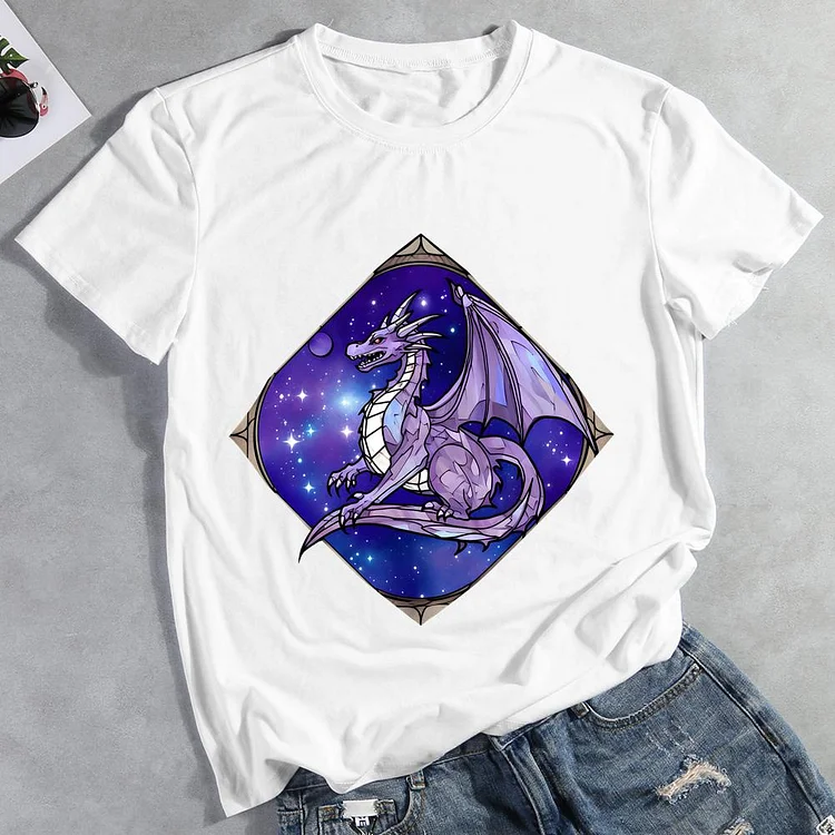 Stained Glass Dragon Graphic Round Neck T-shirt
