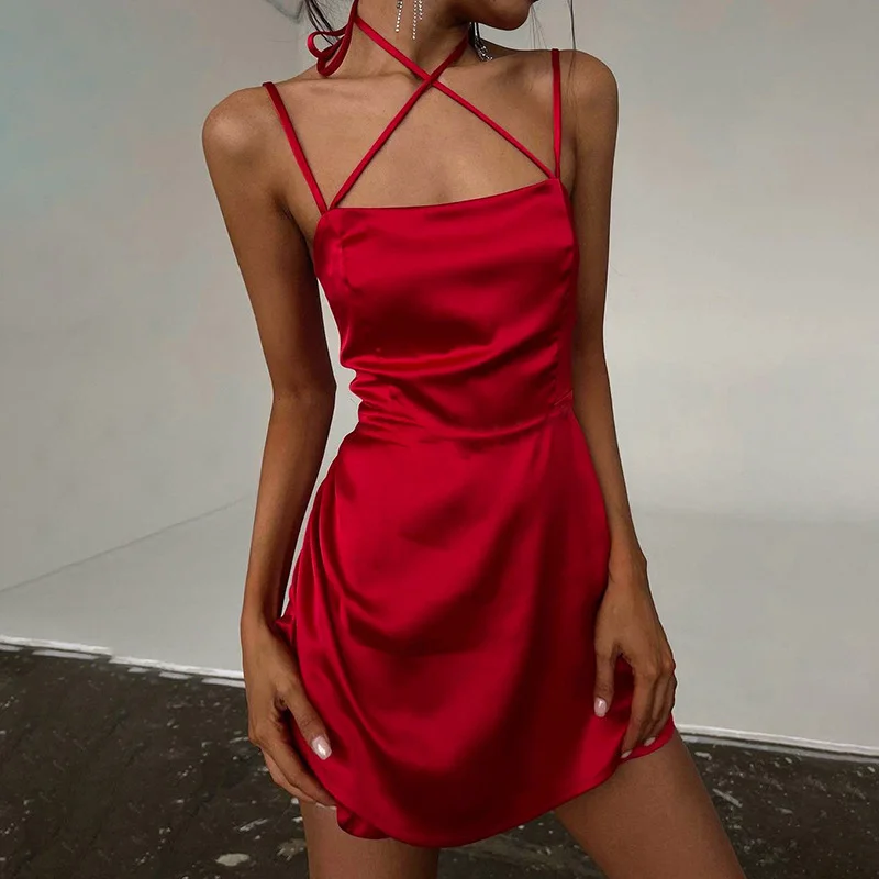 Uveng Uveng 2023 New Net Color Cross Hanging Neck Sling Sexy Dress Female
