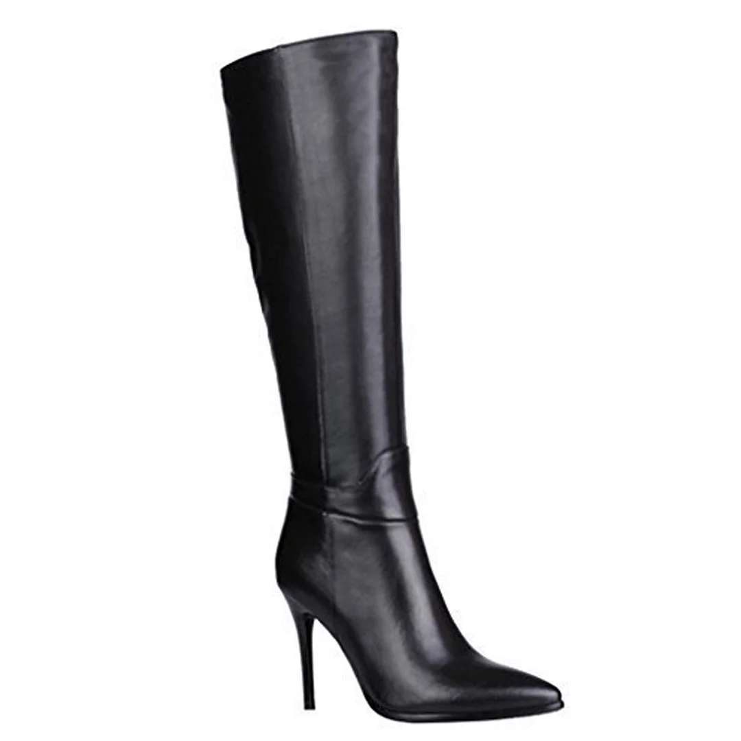 9.5cm Zipper Leather Mid Heels Knee Boots Black-MERUMOTE