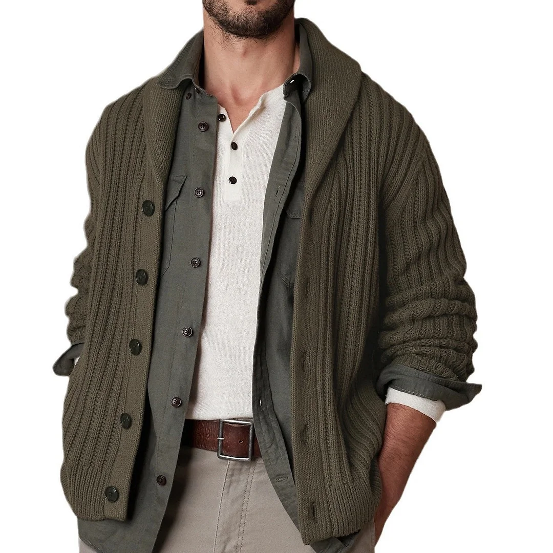 Army Green Lapel Long-sleeved Knitted Sweater Jacket