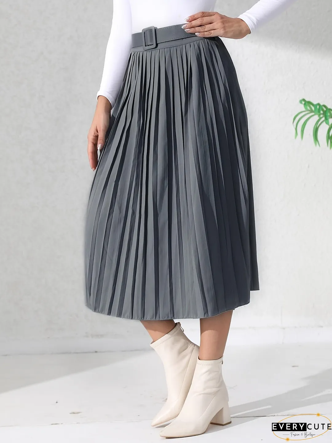Solid Pleated Skirt, Casual Midi Skirt For Spring & Summer, Women's Clothing