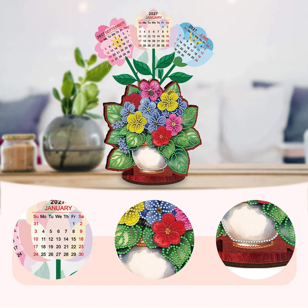2026 Calendar DIY Diamond Art Kit Flower Pot Wooden Diamond Painting Calendar