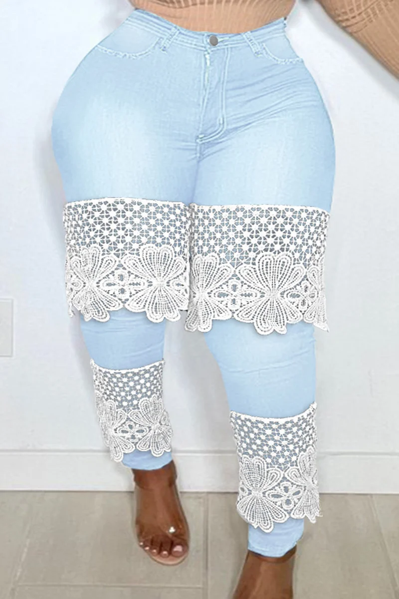 Light Blue Fashion Casual Patchwork Lace Plus Size Jeans | EGEMISS