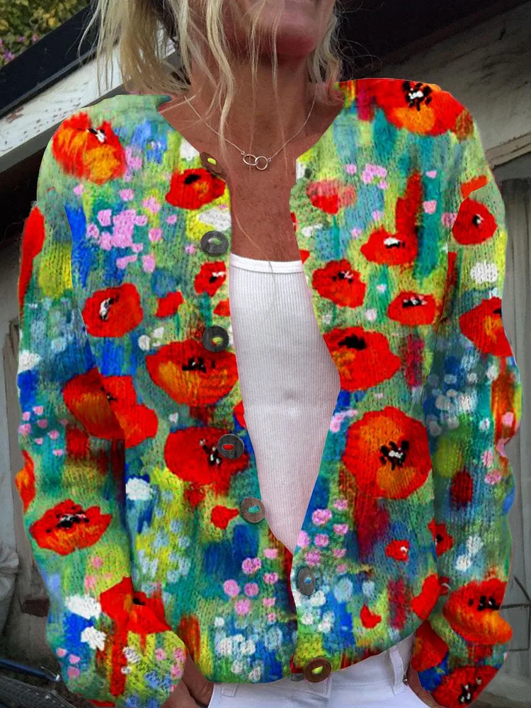 Floral Art Print Buttoned Cardigan Sweater