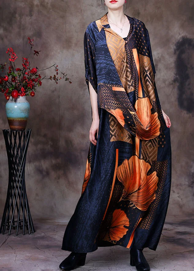 Fashion Yellow V Neck Asymmetrical Patchwork Cozy Silk Long Dress Half Sleeve