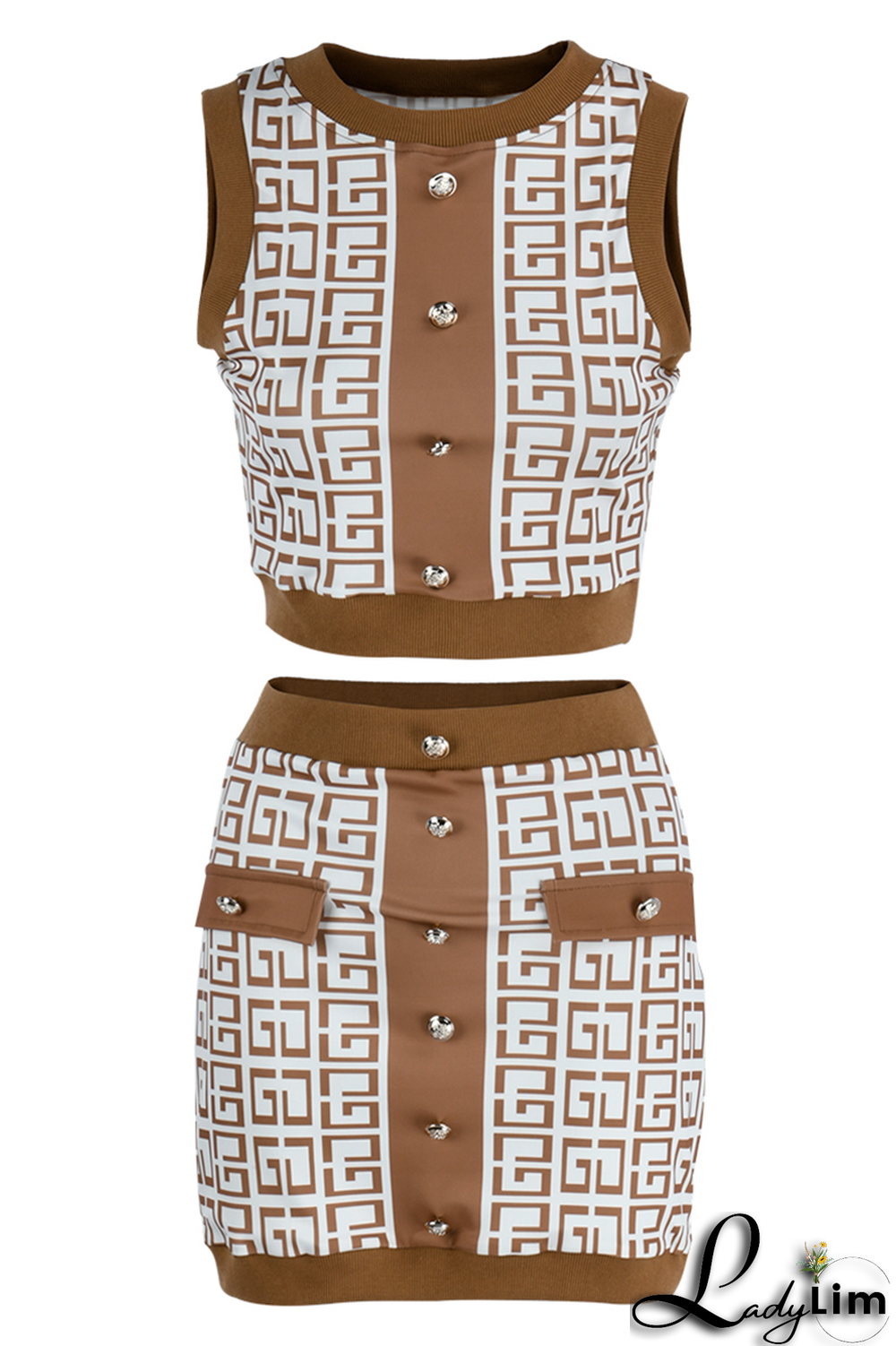 Coffee Sexy Print Buckle O Neck Sleeveless Two Pieces
