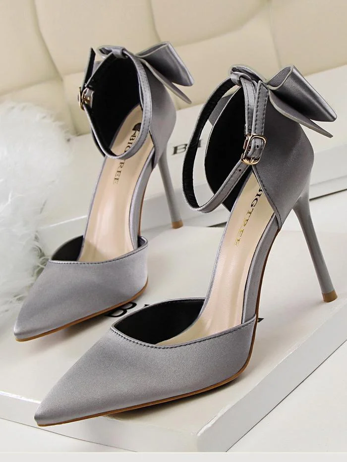 Stiletto high heel shallow pointy satin hollow back bow sandals