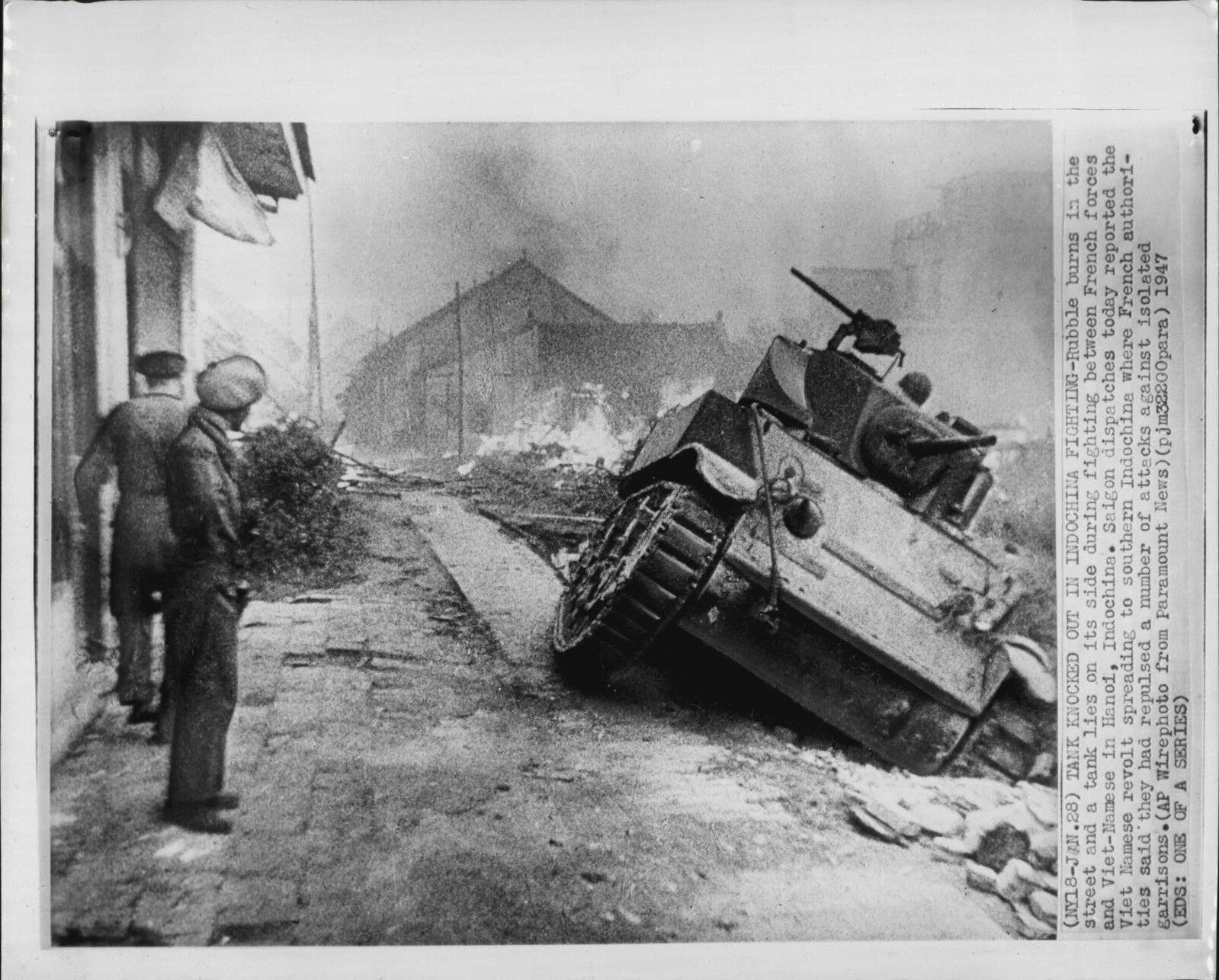 French Soldier observes knocked out Tank Hanoi Indochina 1947 Press Wire Photo Poster painting