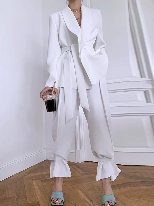 Solid Color Loose Long Sleeves Lapel Two Pieces Set Pants Set Blazer
