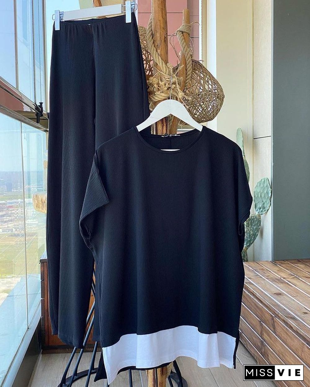 Women's Solid Color Kintted Casual Two Pieces Set