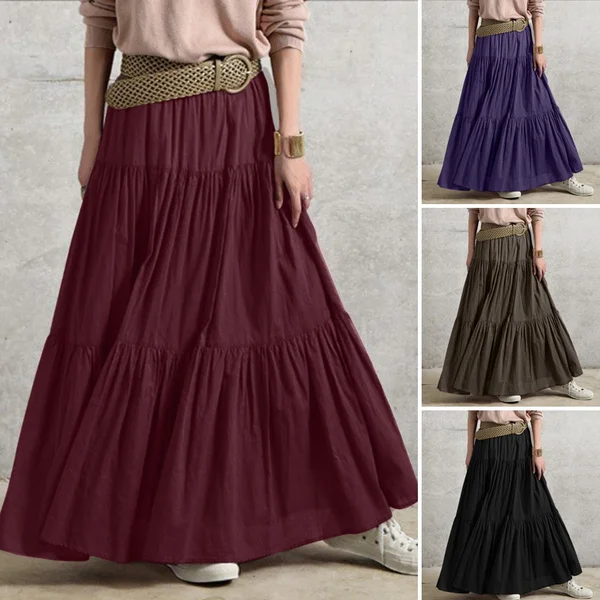 ZANZEA Women Summer Elastic Waist Ruffled Hem Casual Loose Long Skirts Solid Color Long Dresses