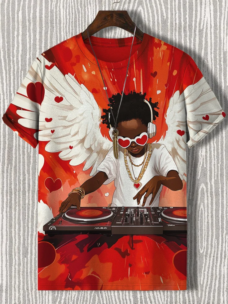 Men's Valentine's Day Black Boy Hip-Hop Angel DJ Print T-Shirt