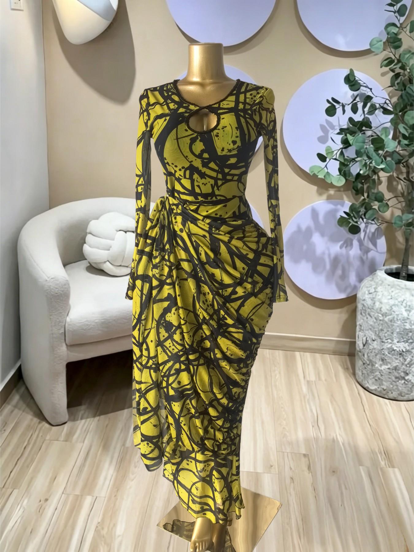 PULKRITU Elegant Women's Striped Pleated Long Sleeve Bodycon Maxi Prom Dress, Formal Wear, Fashion Birthday Party Outfit Evening Gown, Perfect for Special Occasions,Lady Casual Dress,Female Brunch Dresses,Graduation Dress, Print