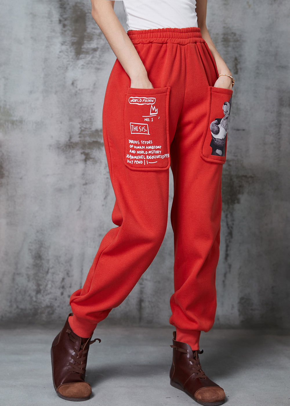 VCSHOES Red Oversized Pockets Warm Fleece Harem Pants Winter