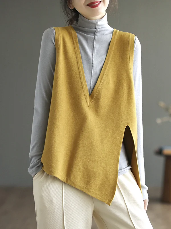 Casual Sleeveless Asymmetric Split-Side Pure Color V-Neck Vest Top