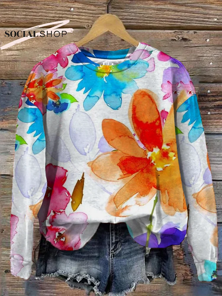 Vibrant Floral Patchwork: Long Sleeve Round Neck Top with Colorful Gradient Hand-Drawn Design socialshop