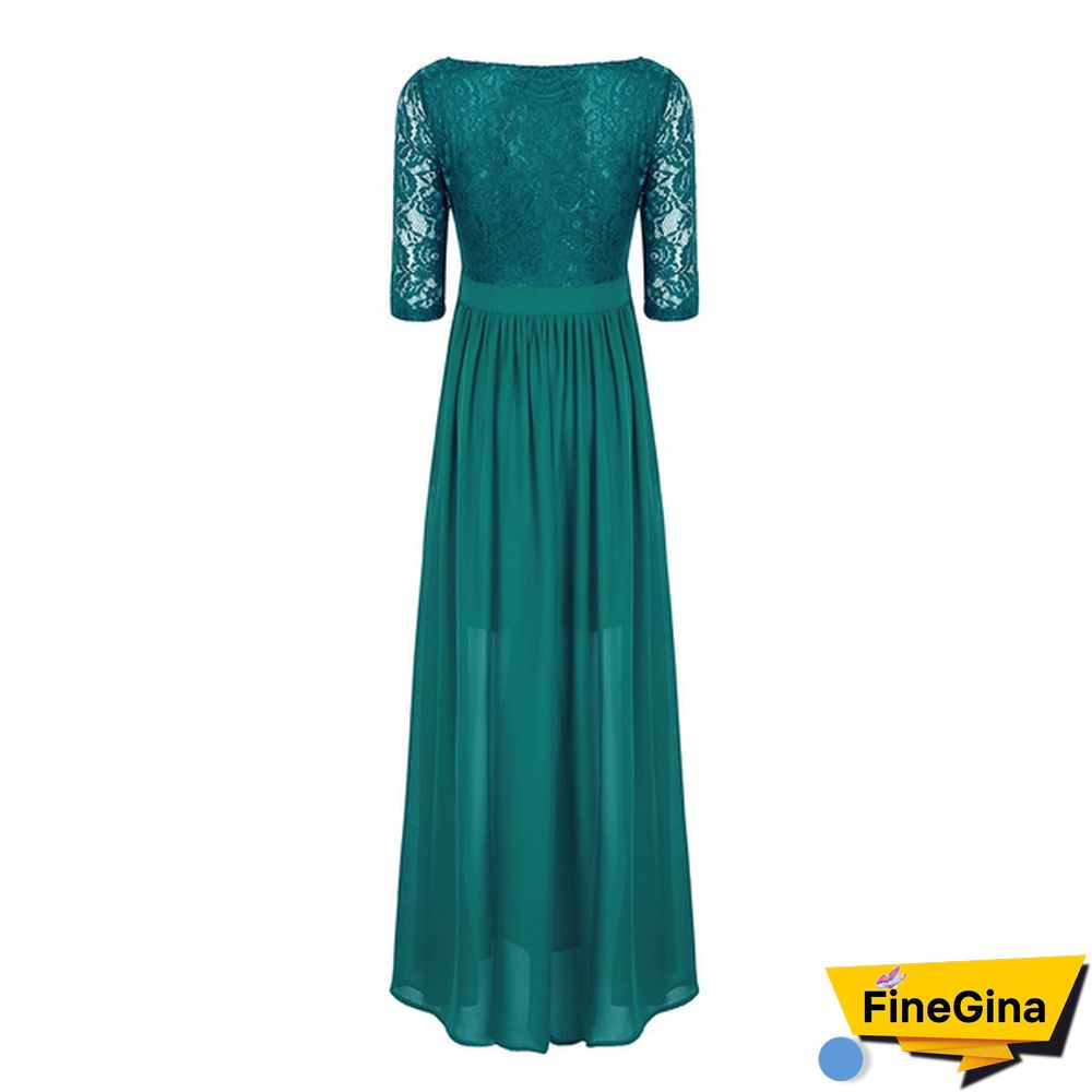Womens Half Sleeved Embroidered Lace Top Front Slit Chiffon Wedding Bridesmaid Gown Prom