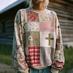 Women's Cross Floral Patchwork Art Cozy Sweatshirt - Image 2