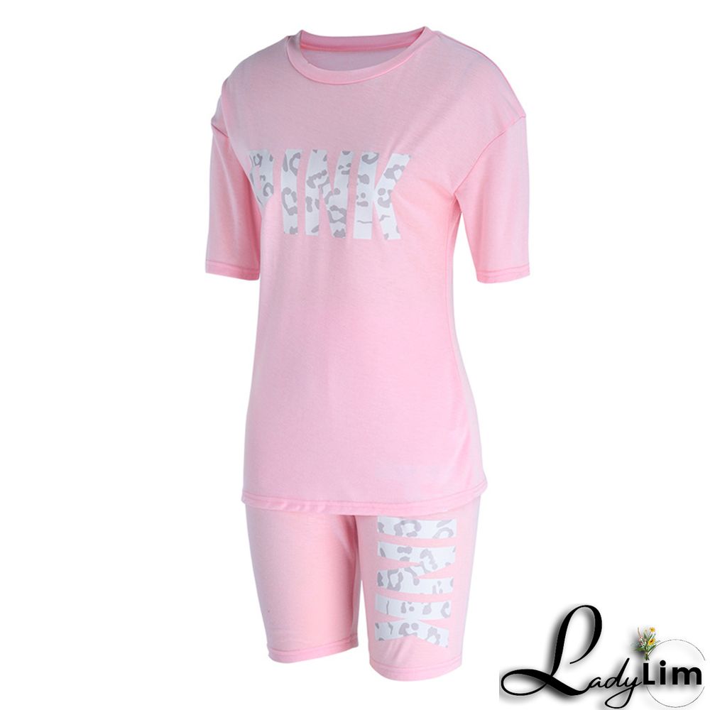 Blue Fashion Casual Letter Print Patchwork O Neck Short Sleeve Two Pieces