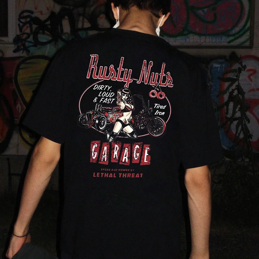RUSTY NUTS GARAGE Sexy Lady&Classic Car Print Men's T-shirt