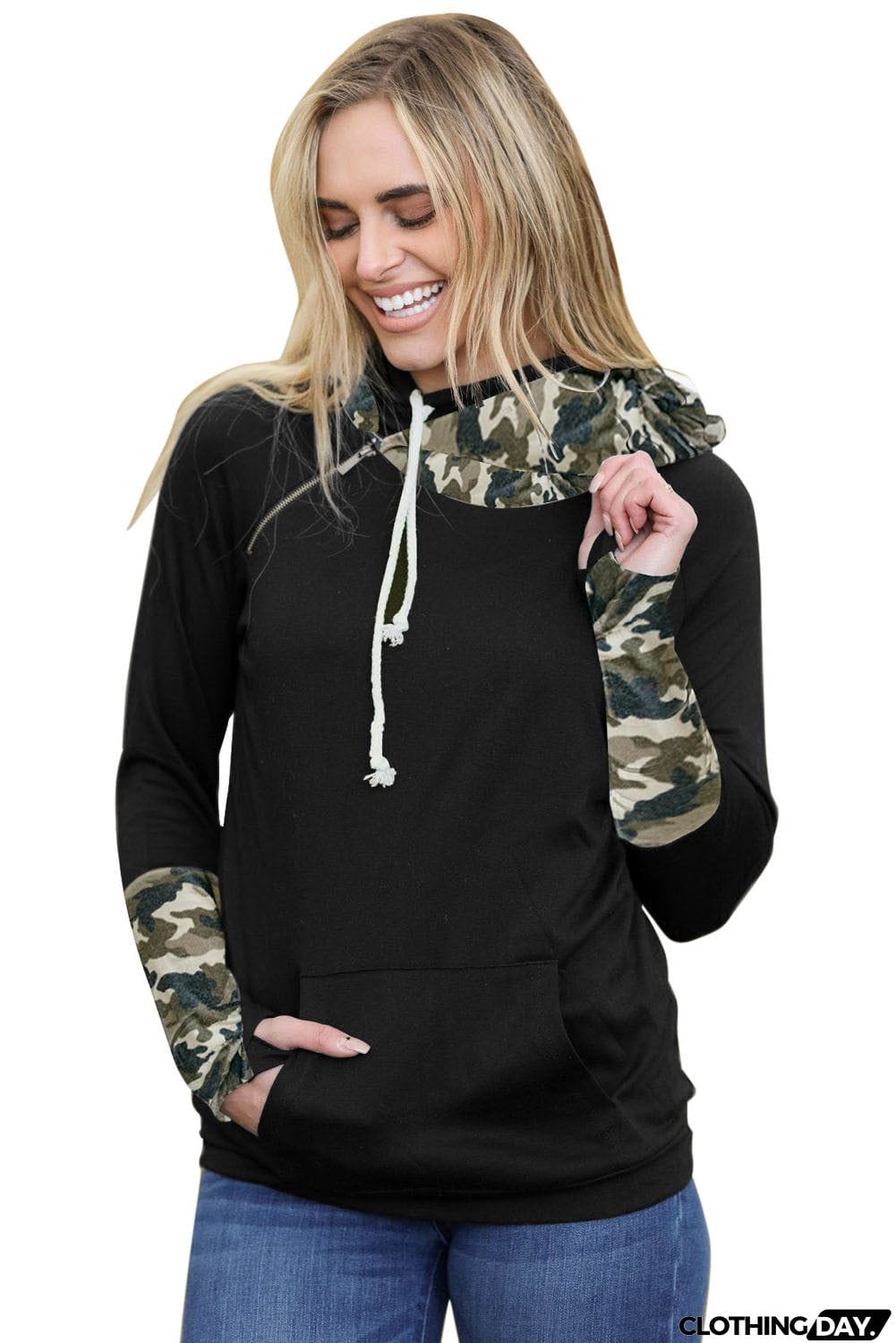 Plaid Double Hoods Thumb Hole Hoodie