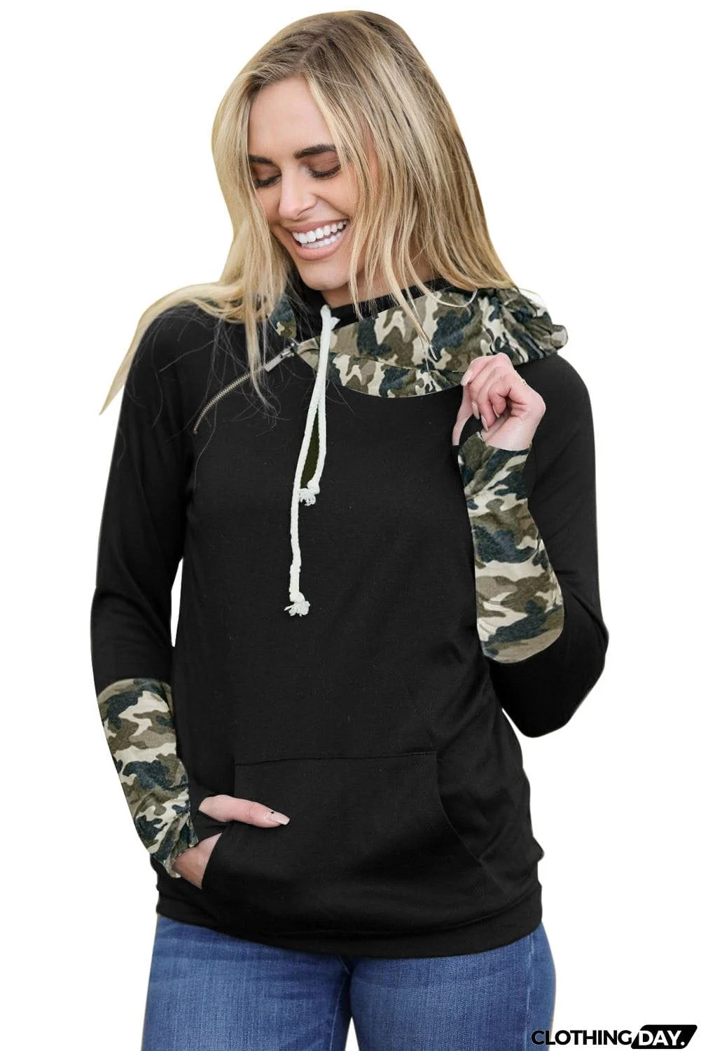 Plaid Double Hoods Thumb Hole Hoodie