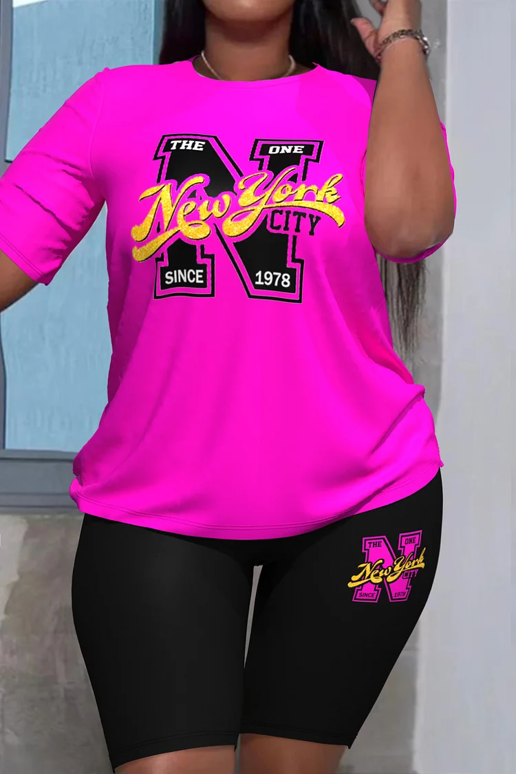 Plus Size Casual Hot Pink Letter Print T-Shirts Two Pieces Short Sets