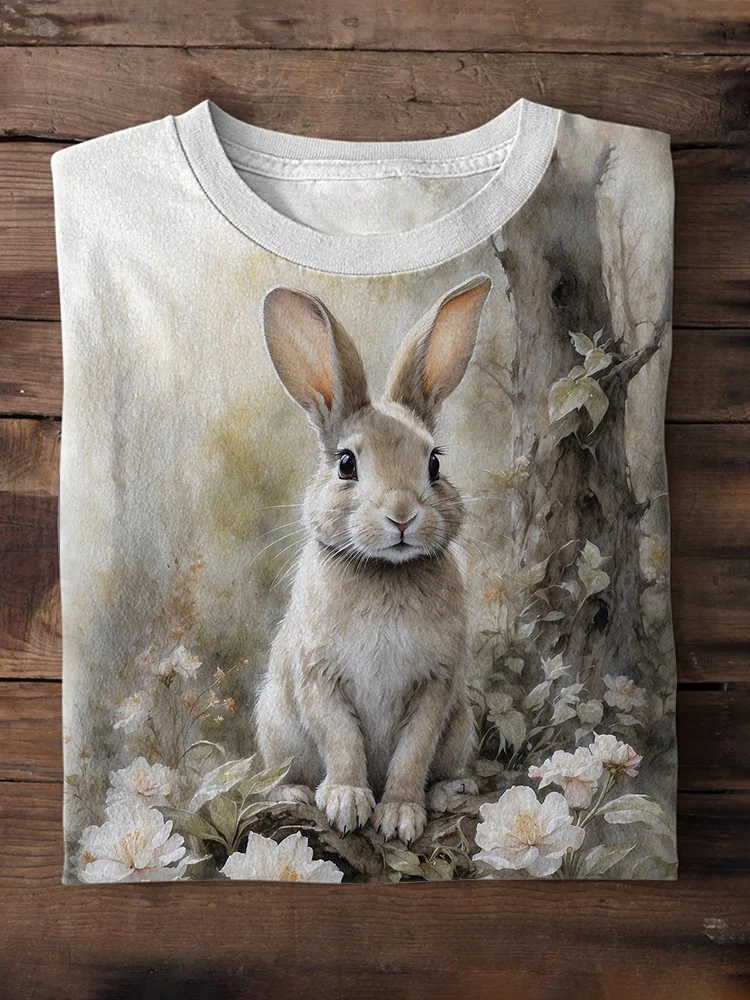 Comstylish Cute Bunny Watercolor Painting Printed Casual Short Sleeve T-Shirt