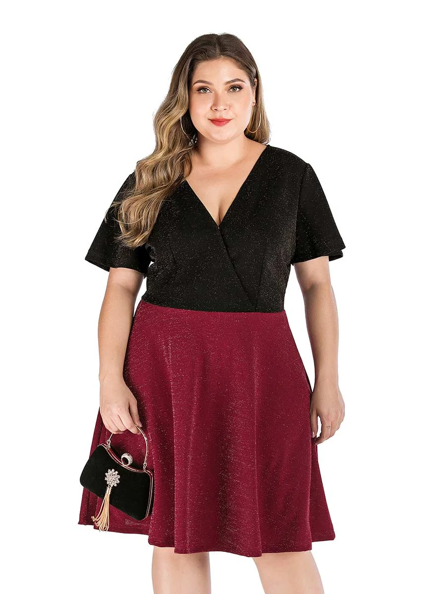 Plus Size Dress V Neck Short Sleeve Color Matching Dress