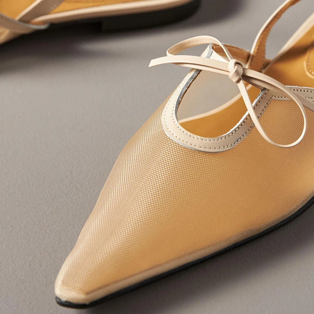 Beige Mesh Buckle Strap Slingback Pointed-Toe Flats with Bow