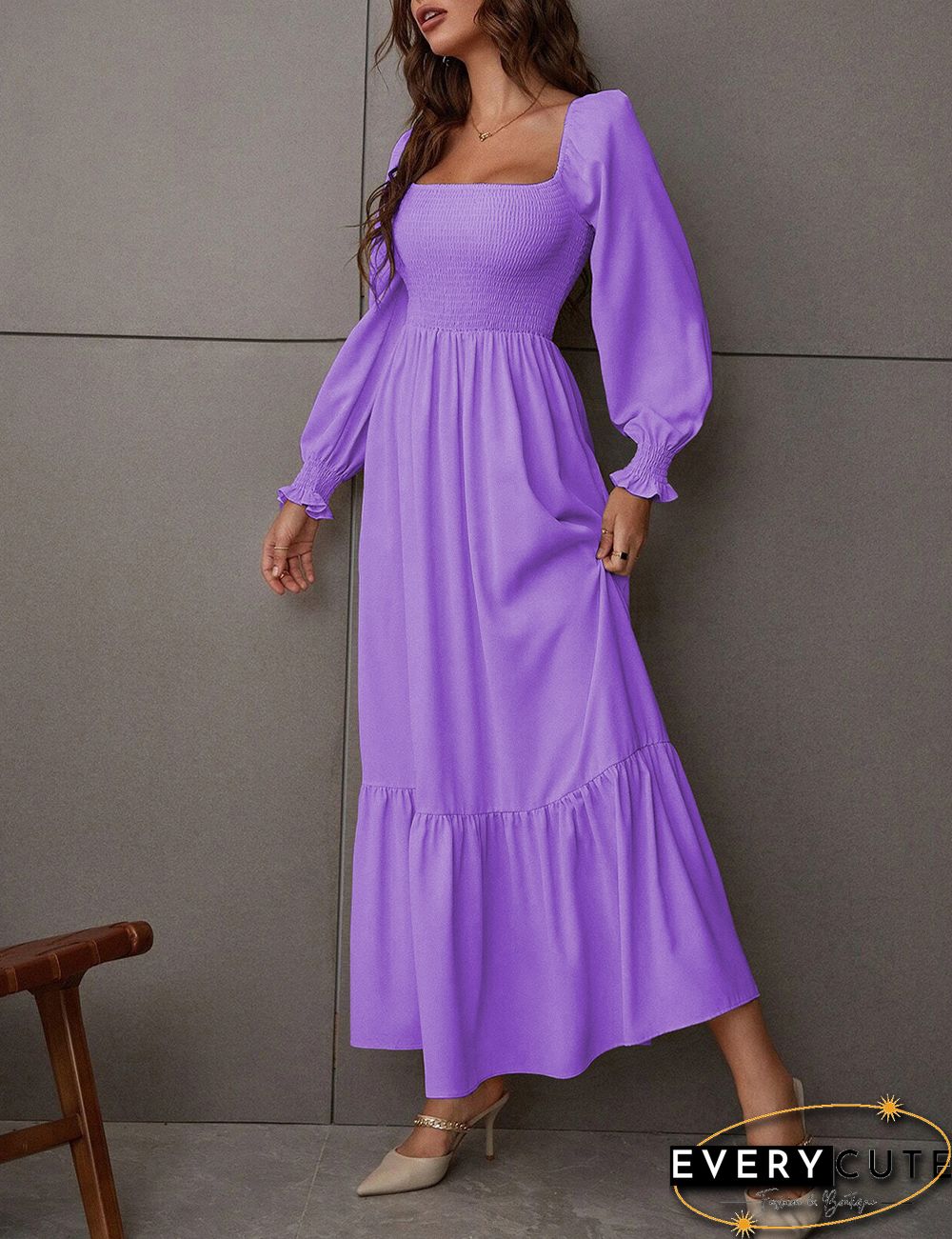 Purple Square Neck Pleated High Waist Maxi Dress