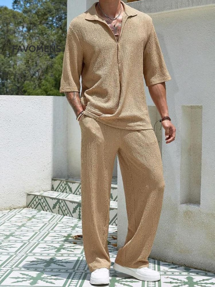 Men’s Casual Short Sleeved Trousers Shirt Suit Apricot / M